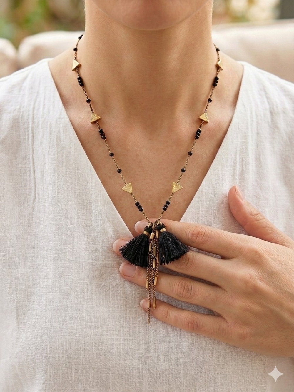 “J.Crew Black Beaded Tassel Necklace Gold Tone Triangle Stations Boho Long 32”